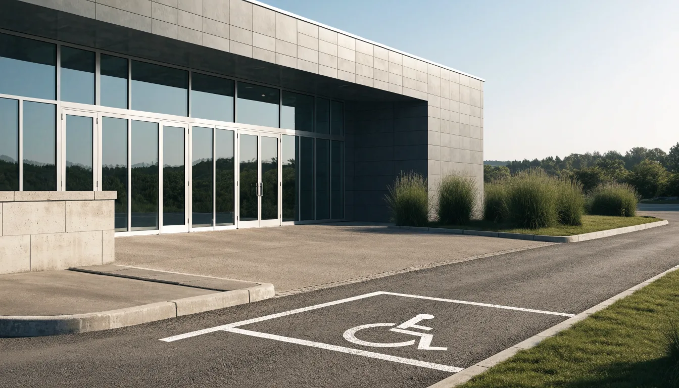 Ilustracyjne wejście do hali sportowej z podjazdem i miejscem parkingowym dla osób z niepełnosprawnościami