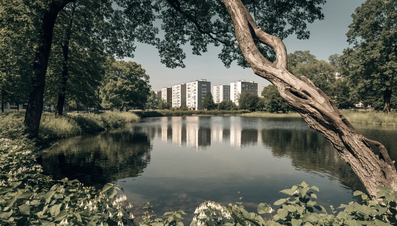Niewielki staw wśród drzew i miejskiej zabudowy