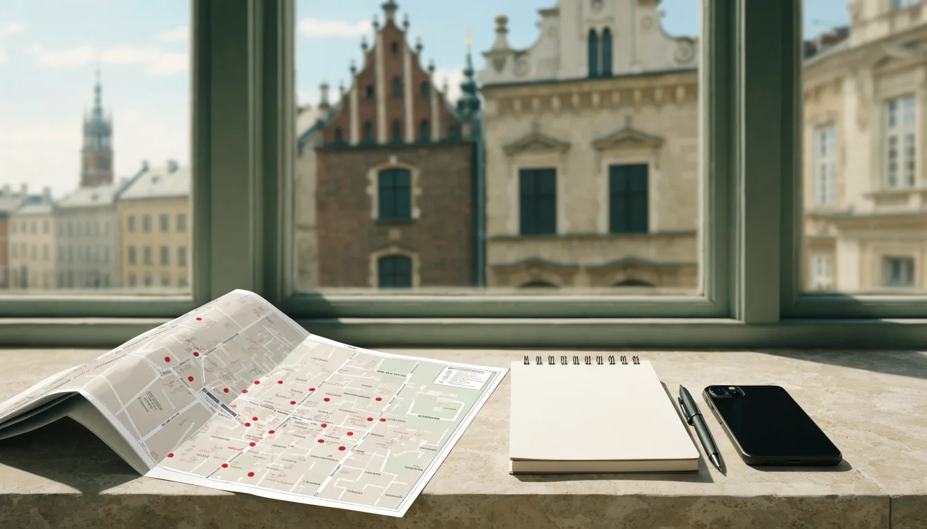 Mapa Krakowa i notatnik przygotowane do zaplanowania trasy z przewodnikiem