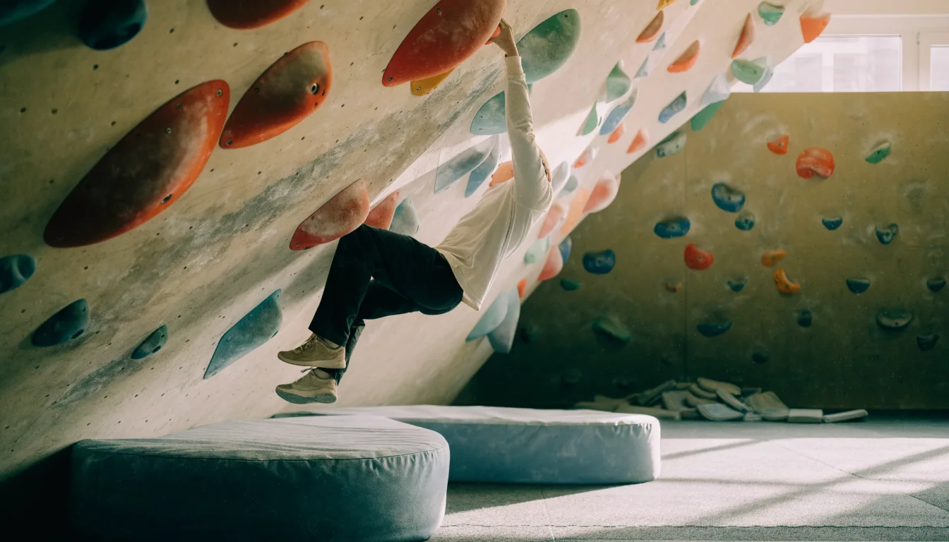 Wspinacz pokonuje krótką drogę na przewieszonej ścianie boulderowej nad materacami.