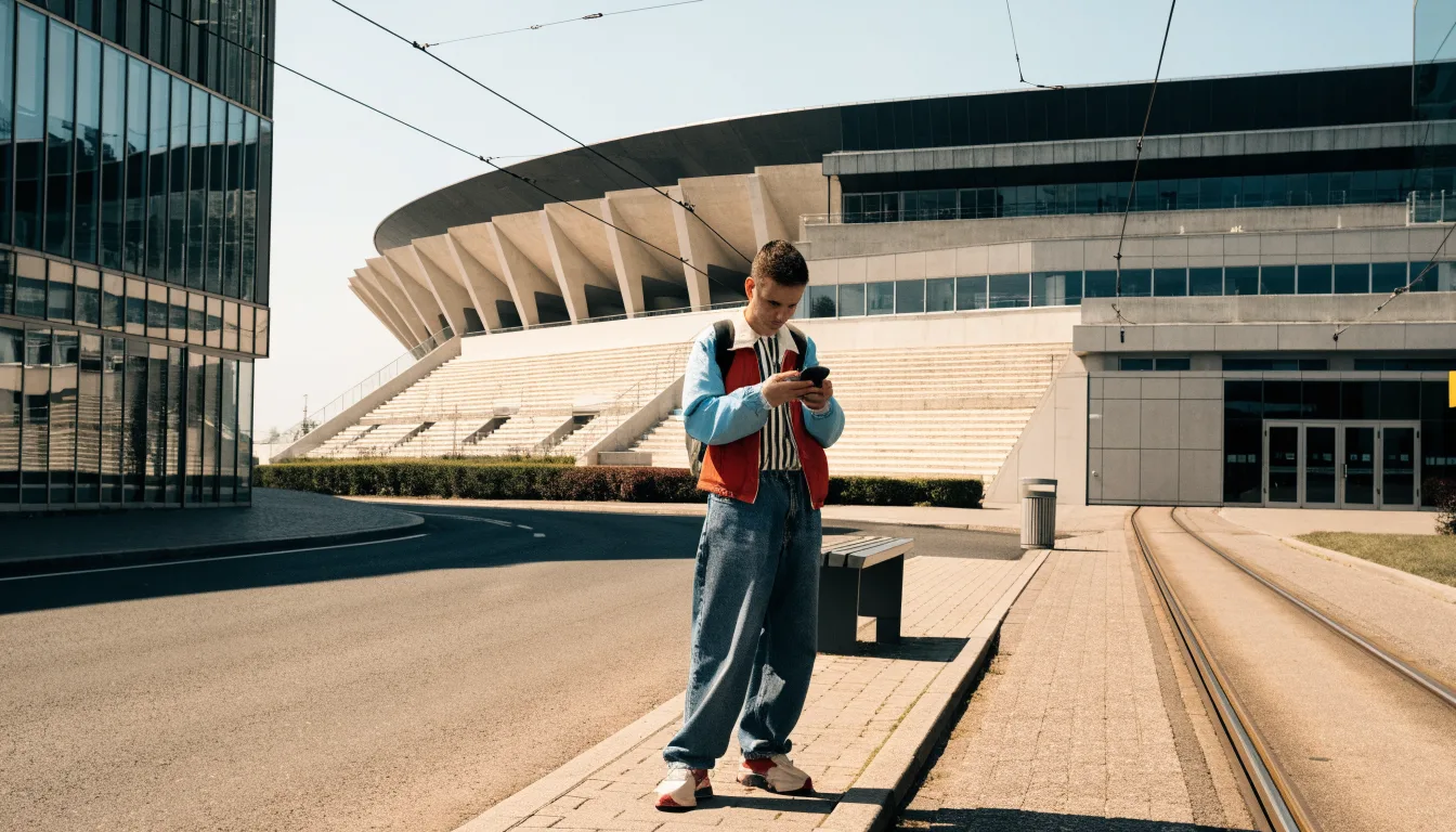 Kibic sprawdza trasę do stadionu przy przystanku tramwajowym