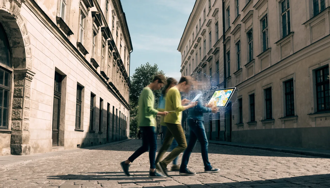Uczestnicy gry miejskiej korzystają z tabletu podczas spaceru po Krakowie