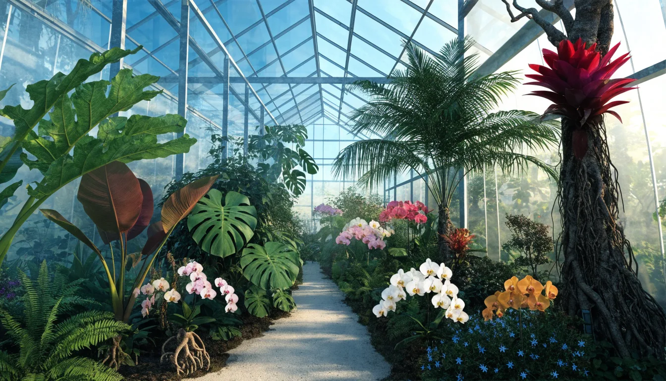 Rośliny tropikalne i storczyki w ilustracyjnej szklarni botanicznej