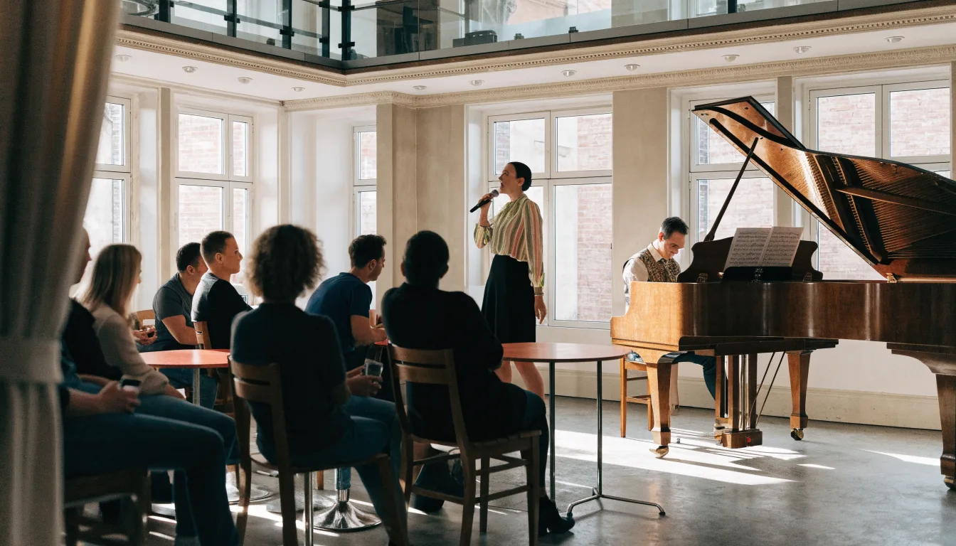 Ilustracyjny recital wokalny z akompaniamentem fortepianu w kameralnej sali