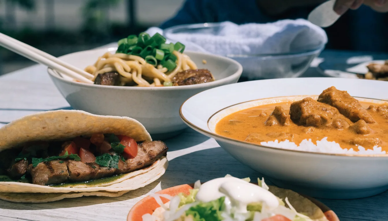Ilustracyjne zestawienie dań street food: curry, tacos i makaron