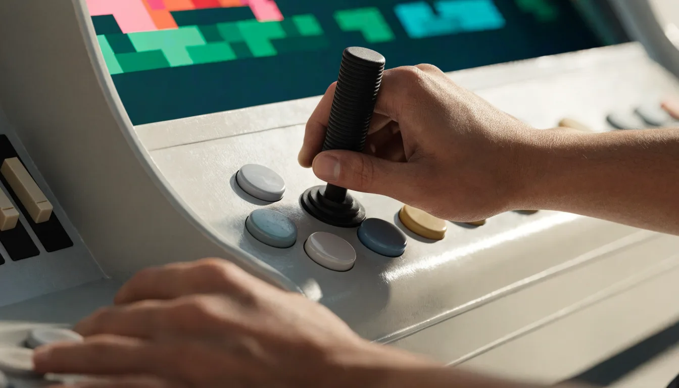 Joystick i przyciski klasycznego automatu arcade podczas gry.