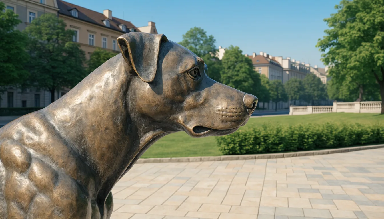 Ilustracyjna rzeźba psa na bulwarze nad Wisłą