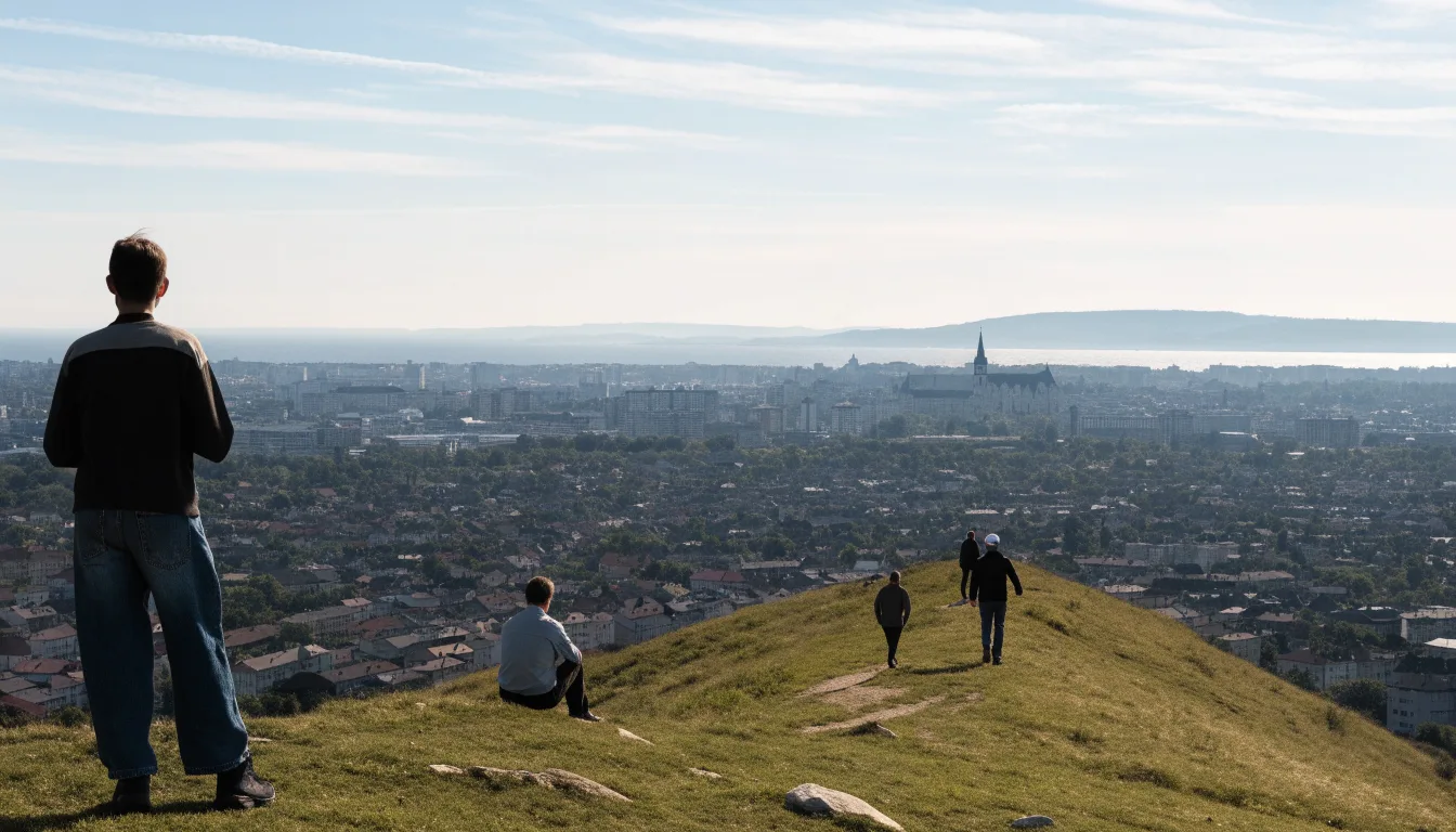 Zwiedzający oglądają panoramę miasta z punktu widokowego na wzgórzu