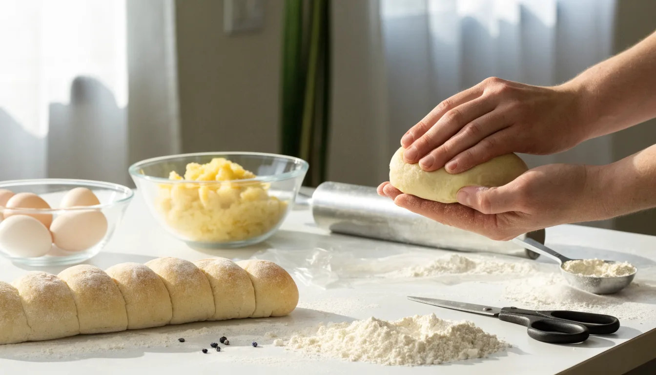 Ręce zaplatają ciasto na obwarzanek podczas warsztatów