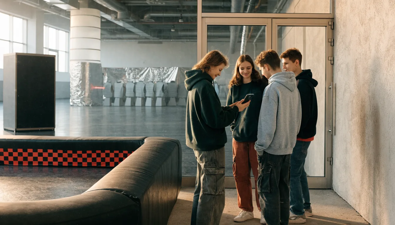 Grupa znajomych sprawdza rezerwację przed wejściem na arenę laser tag.