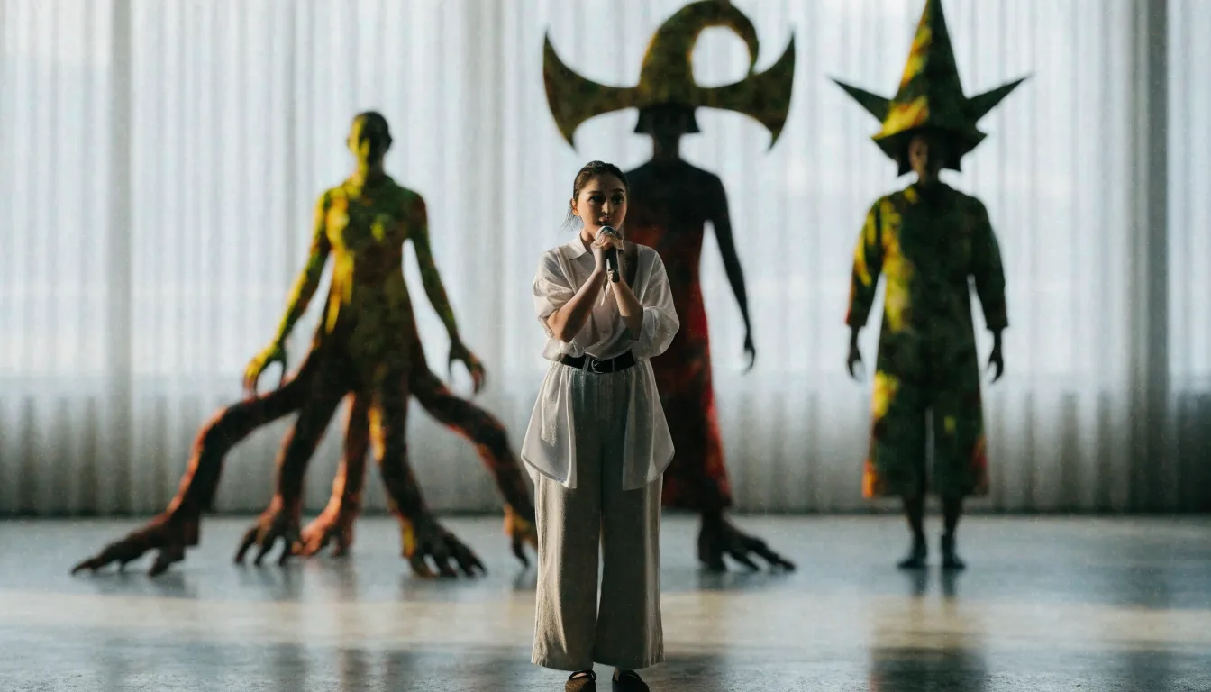 Ilustracyjna scena teatru muzycznego z aktorką śpiewającą przy mikrofonie