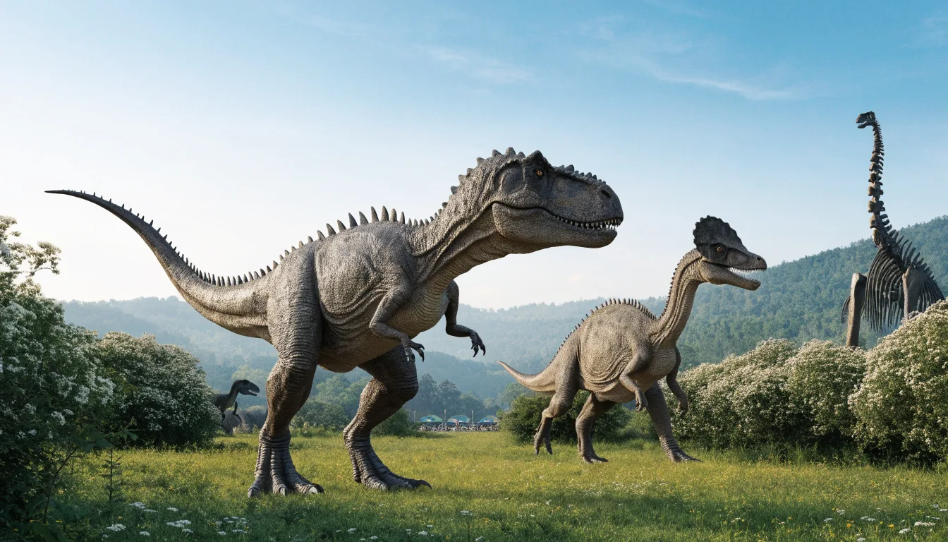 Modele dinozaurów i strefa rekreacyjna w ilustracyjnym parku