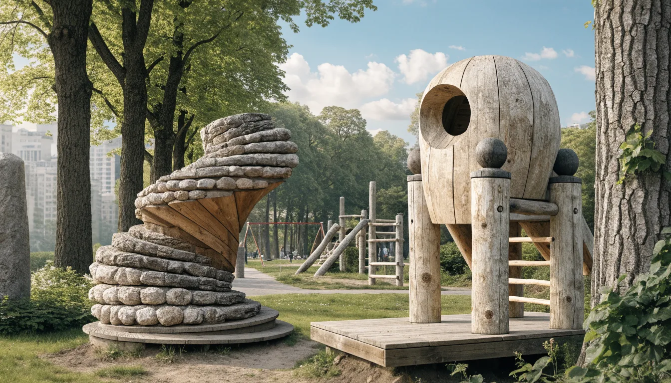 Ilustracyjny plac zabaw wśród drzew z urządzeniami o przyrodniczych kształtach